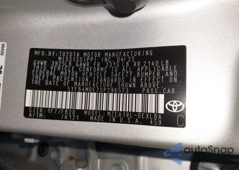 2025 Toyota Corolla Le z USA, uszkodzony, nr VIN 5YFB4MDE7SP296573